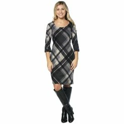 Cheapest 🤩 Connected-Apparel Clothing 👩 Womens Connected Apparel 3/4 Button Trim Sleeve Plaid 👗 Dress 🥰