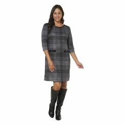 Best Sale ✨ Connected-Apparel Clothing 👩 Womens Connected Apparel 3/4 Sleeve Button Pocket Plaid 👗 Dress ✨